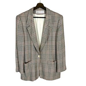 Vintage 90s Evan Picone Brown Red White Plaid Single Button Longline Blazer Medi